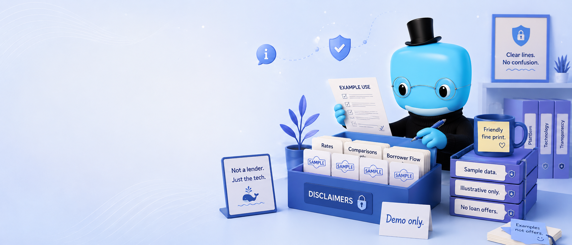 The Think Whale mascot holding an 'Example Use' sheet beside a 'Disclaimers' file box full of sample cards.