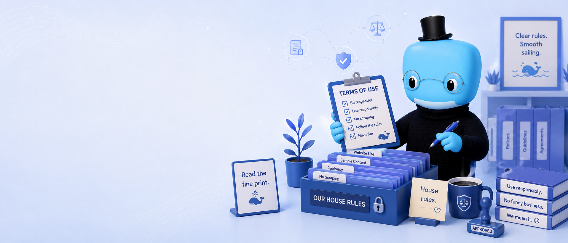 The Think Whale mascot holding a 'Terms of Use' checklist beside an 'Our House Rules' file box and house-rules cues.